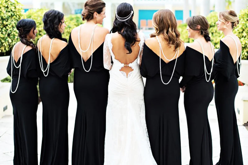 Black Bridesmaid Dresses with Yellow Sashes