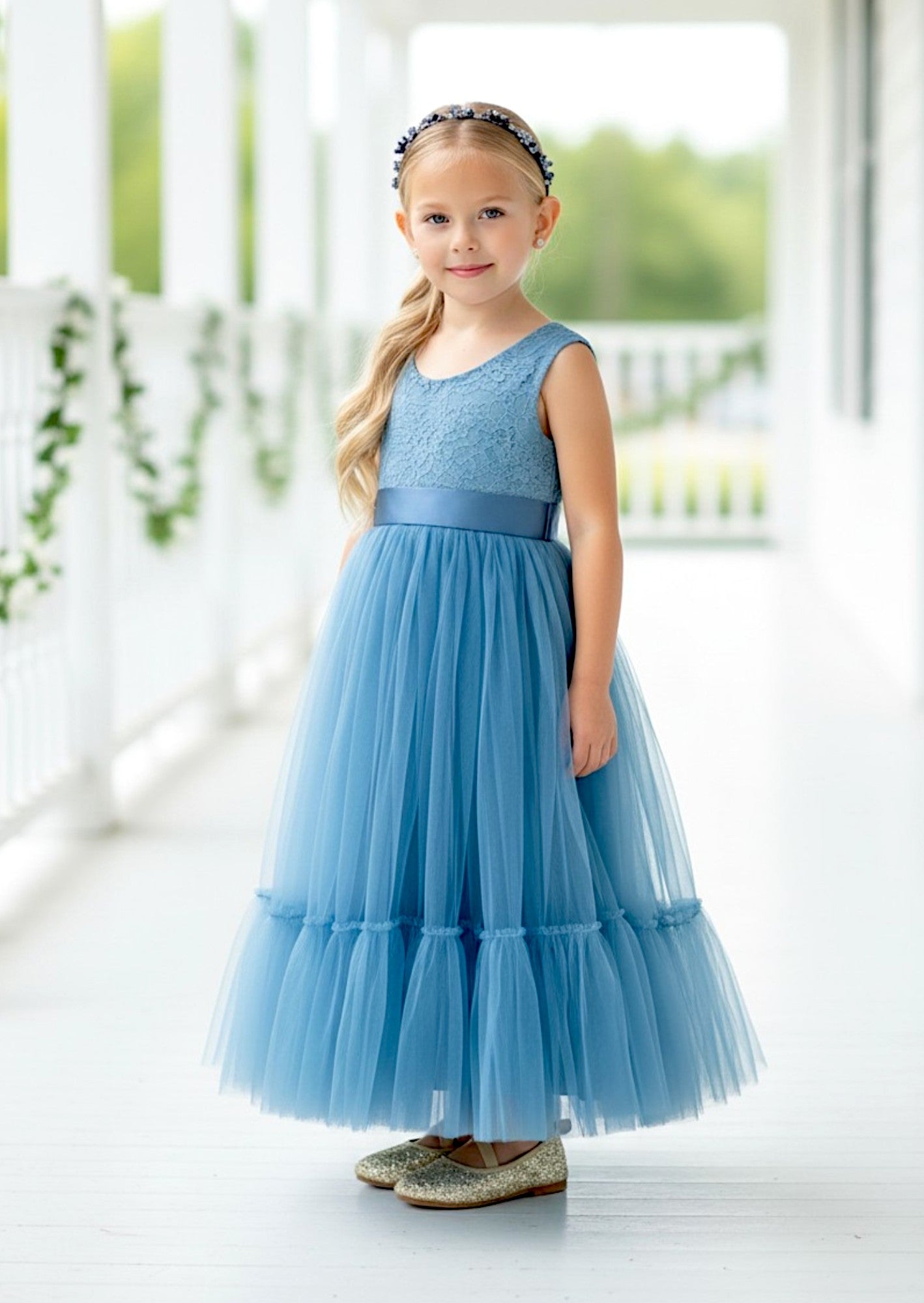 Dusty Blue Sleeveless Boho Flower Girl Dress Classic, Beach Weddings