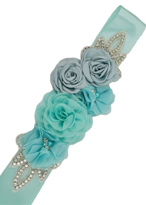 Flower Girl Chiffon Rhinestone Sash Belt Blue Tiffany