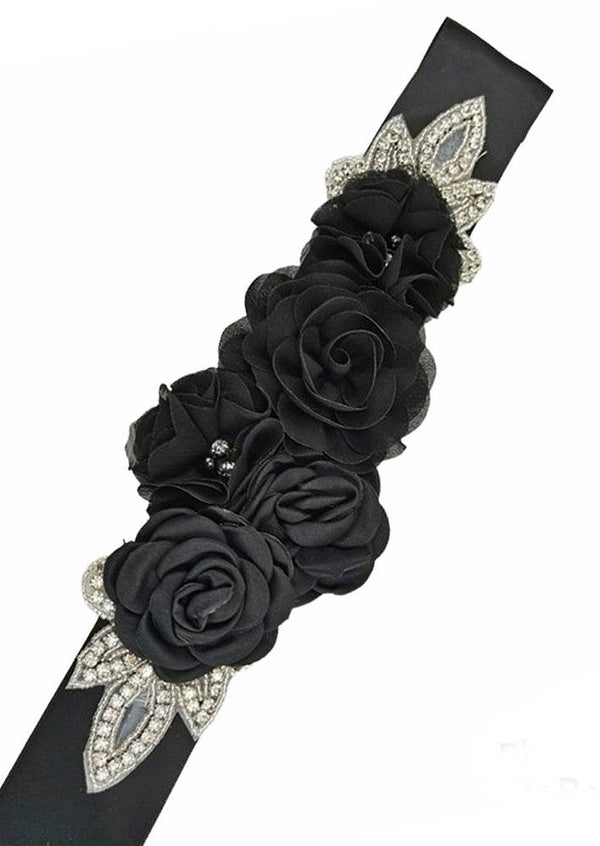 Flower Girl Chiffon Rhinestone Sash Belt Black