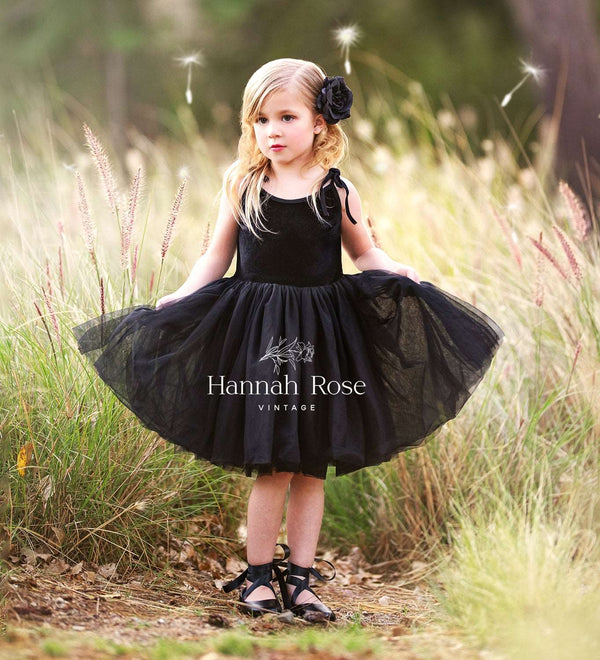 GIRLS - Black Velvet and Tulle Girls Party Dress - Hannah Rose Vintage Boutique