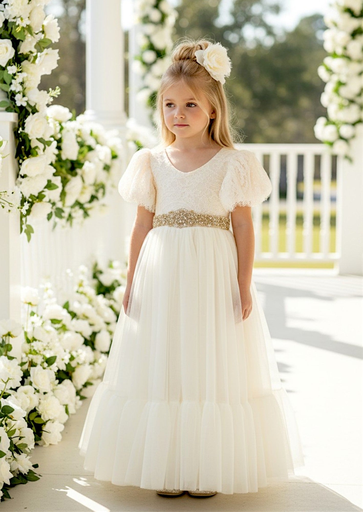 Elegant Ivory Short Sleeve Flower Girl Dress for Classic Modern Weddings