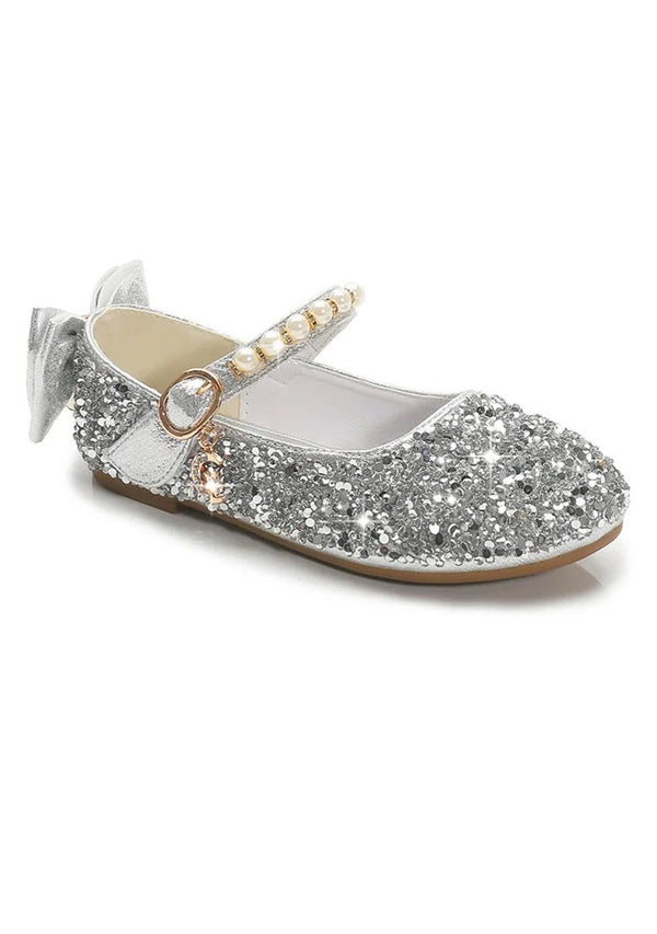 Girls silver glitter bow shoes