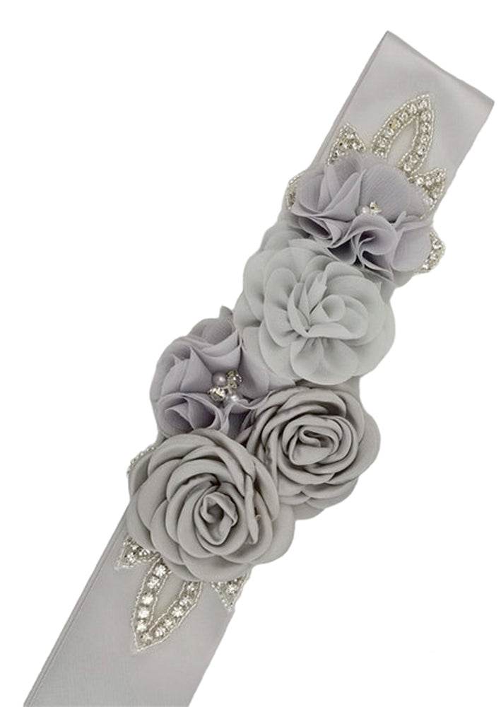 Flower Girl Chiffon Rhinestone Sash Belt Gray