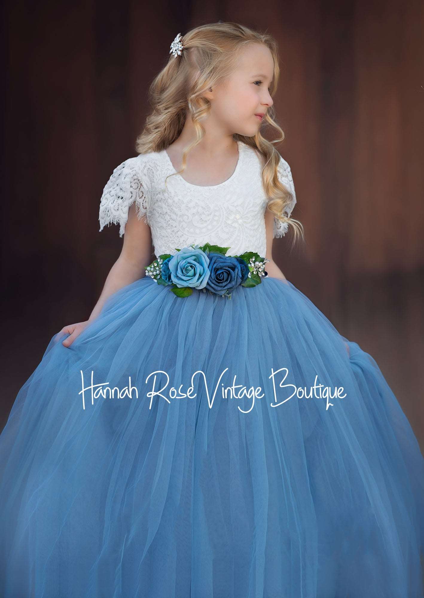 Dusty Blue Girl Dress with Pearls, Tulle Gown Dress, Puff Sleeves Dres