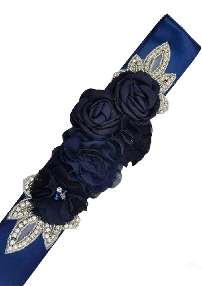 Flower Girl Chiffon Rhinestone Sash Belt Navy
