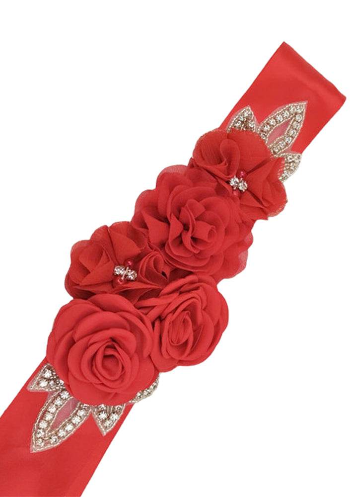Flower Girl Chiffon Rhinestone Sash Belt Red
