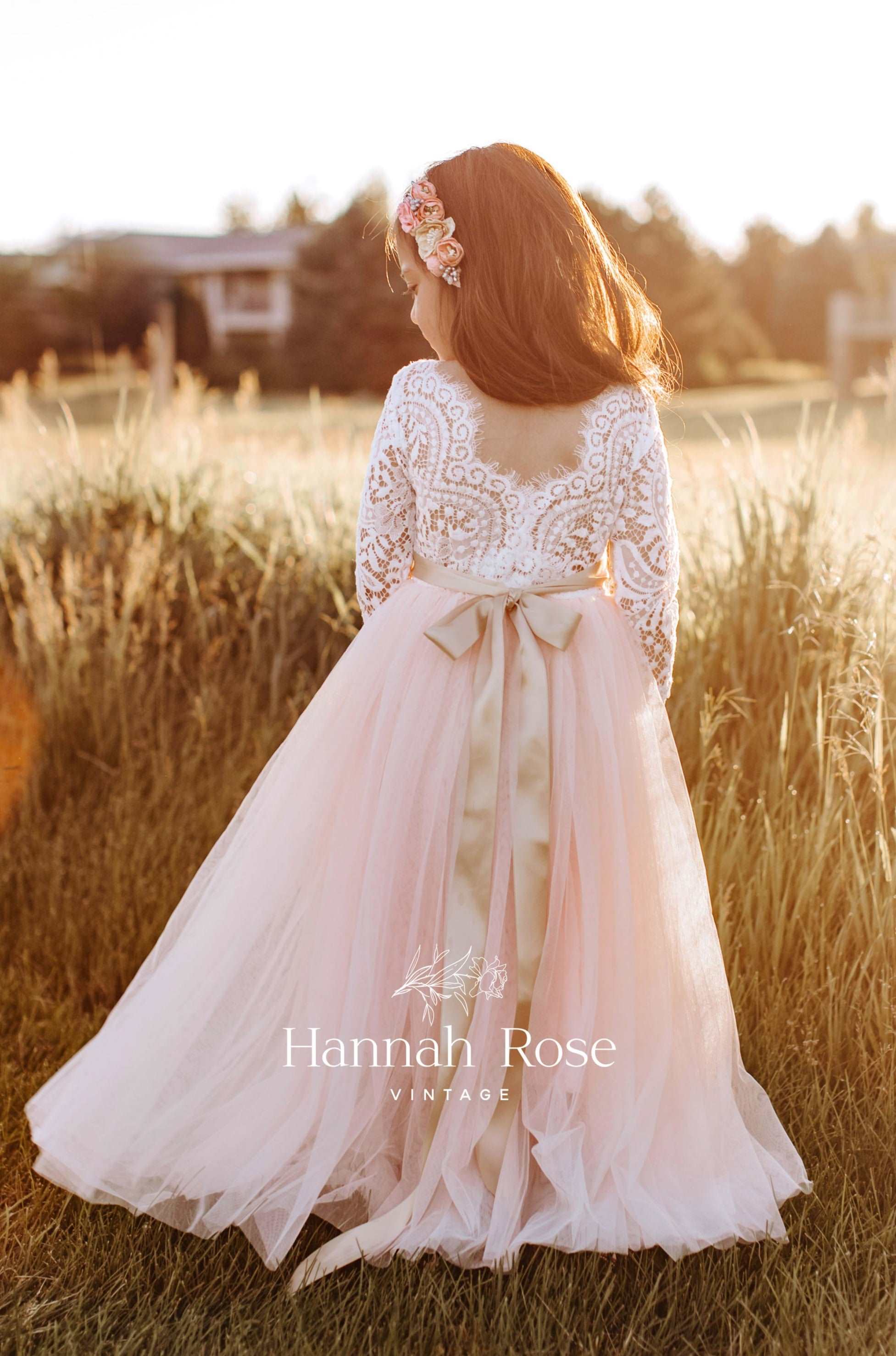 Blush Tulle Flower Girl Dress with Sleeves - Hannahrosevintageboutique.com