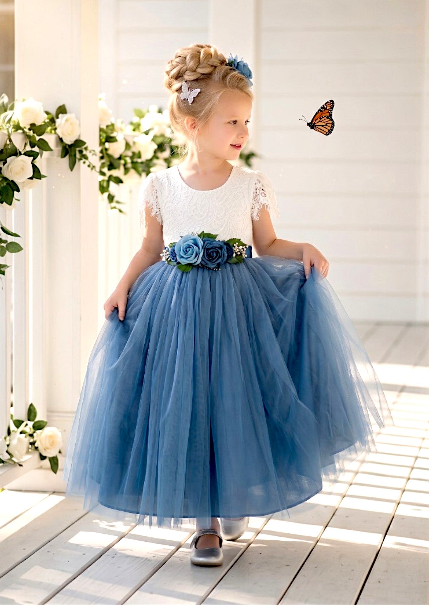 Celine Flutter Sleeve Dusty Blue Flower Girl Dress