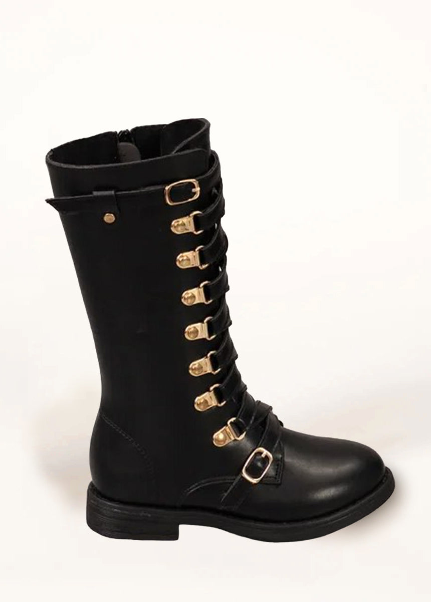 Little Gold Buckle Lace Up Knee Boots 