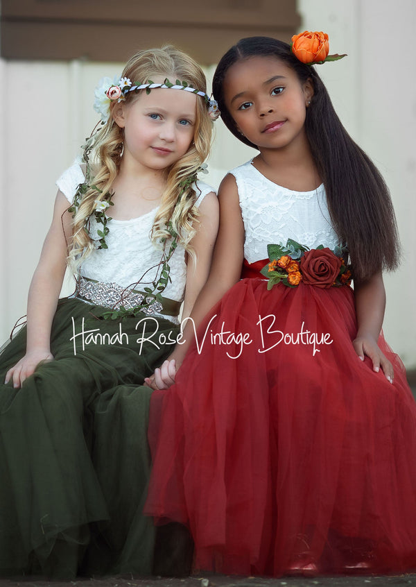 Olive Green and Rust wedding Flower Girl Dress picture