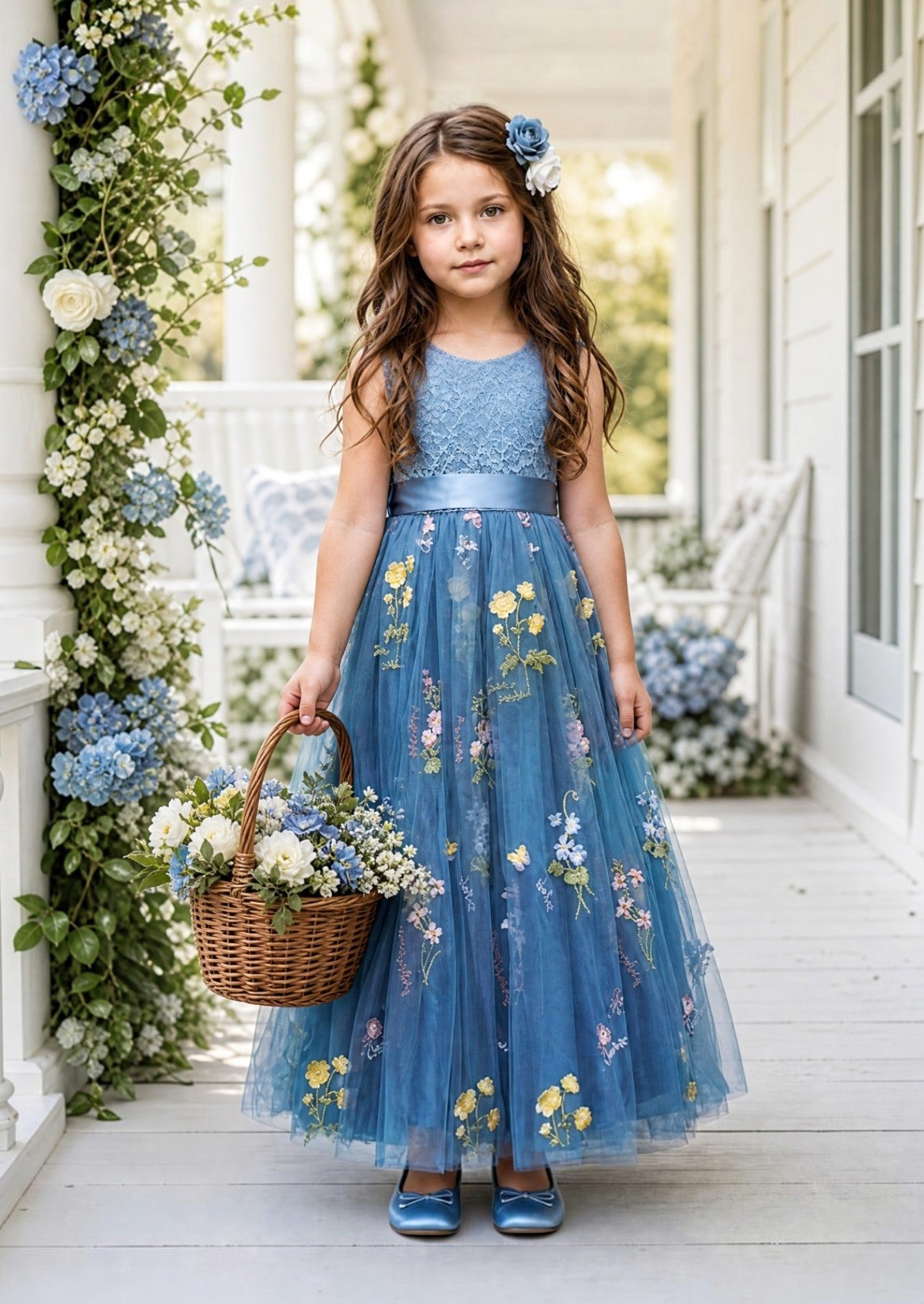Seraphina Sleeveless Dusty Blue Floral Flower Girl Dress