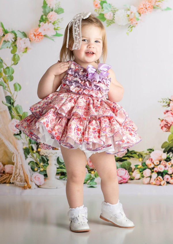 Vintage Ruffle Floral Dress Rose Lavevender