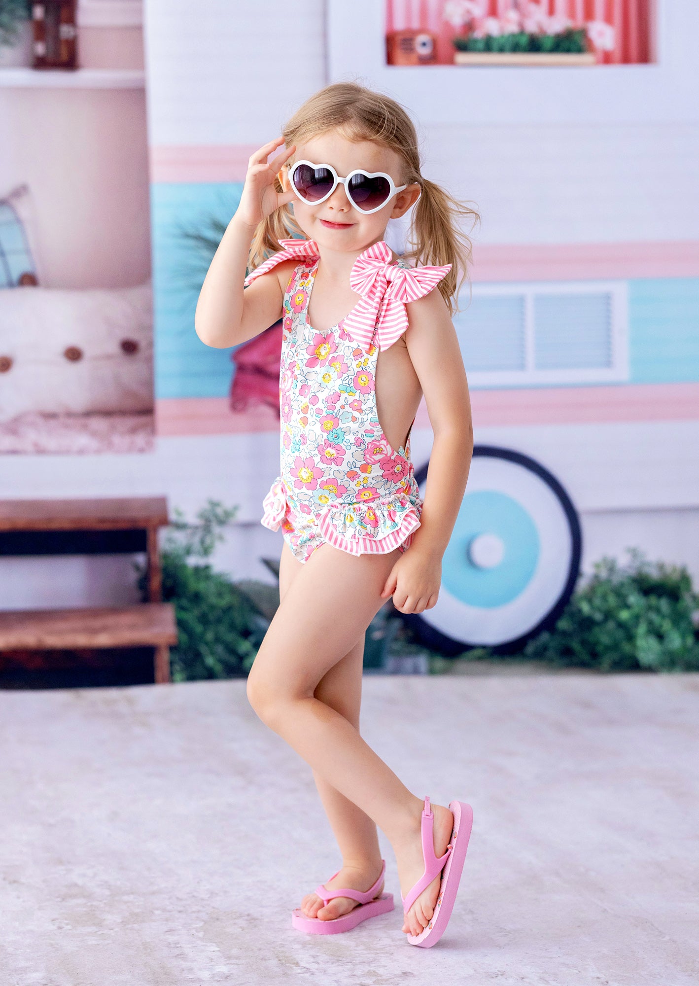 Pink Posies Girls Swimsuit with Bows -  3T
