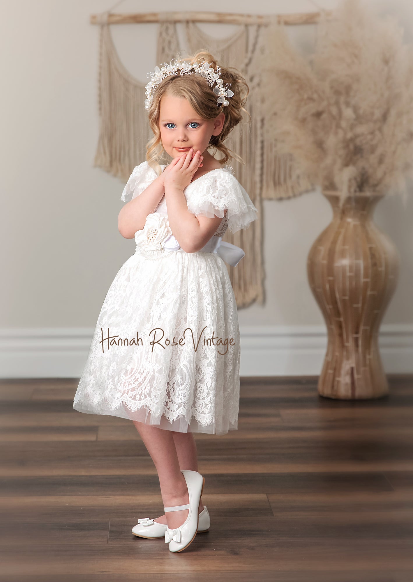 White Lace Flower Girl Dress Knee Length