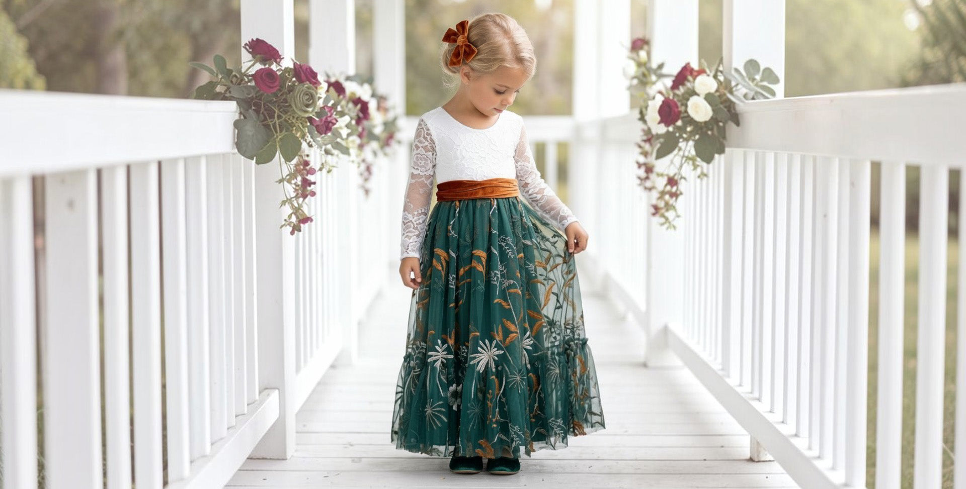 Green floral fall flower girl dress