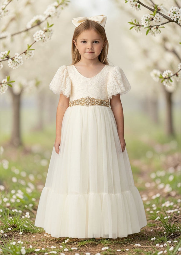 Elegant Ivory Lace & Tulle Flower Girl Dress for Weddings