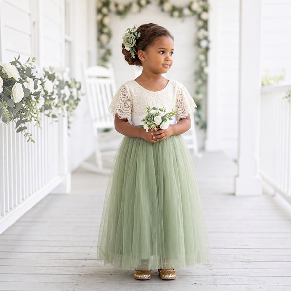 Sage and White Flower Girl DResses