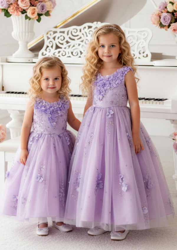 Mia Belle Lilac Flower Girl Gown  3D Floral Glitter Elegance