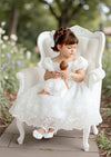 White Lace Flower Girl Gown  Puff Sleeves & Sweetheart Neckline