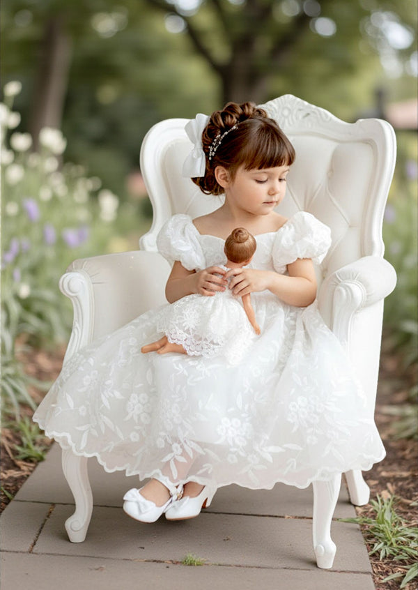 White Lace Flower Girl Gown  Puff Sleeves & Sweetheart Neckline