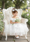 White Lace Flower Girl Gown  Puff Sleeves & Sweetheart Neckline