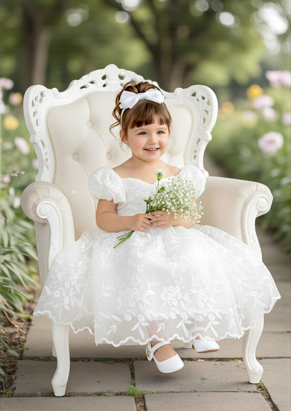 White Lace Flower Girl Gown  Puff Sleeves & Sweetheart Neckline