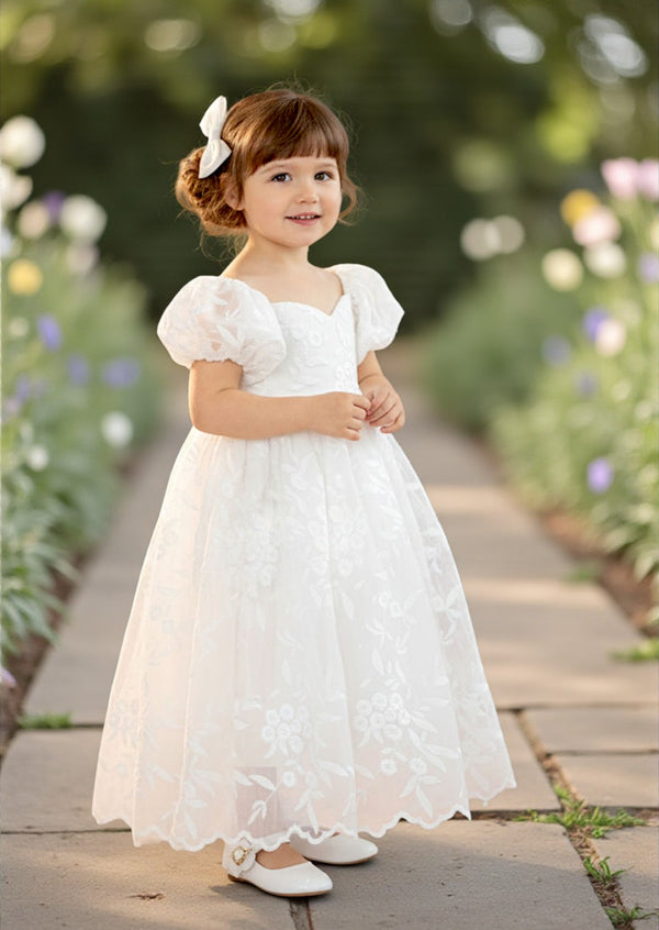White Lace Flower Girl Gown  Puff Sleeves & Sweetheart Neckline