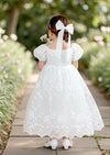 White Lace Flower Girl Gown  Puff Sleeves & Sweetheart Neckline