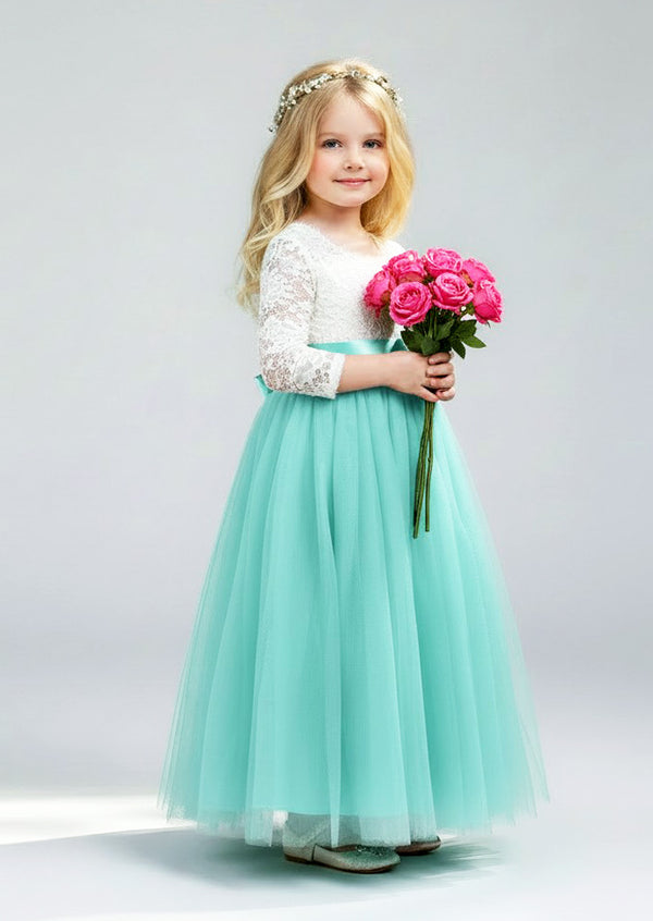 Aqua Tulle Flower Girl Dress with Sleeves