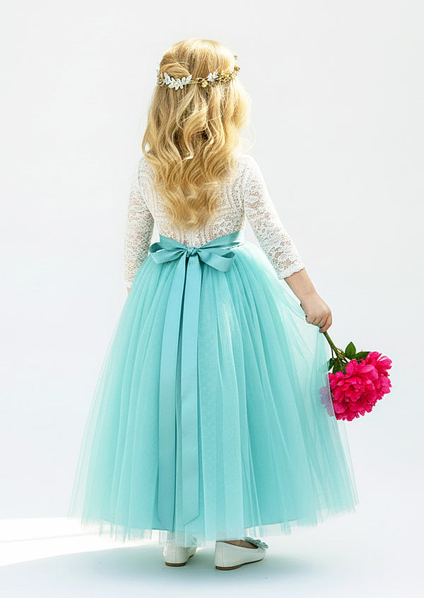 Aqua Tulle Flower Girl Dress with Sleeves