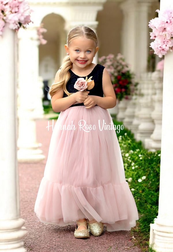 Mauve Black Tulle Flower Girl Dress