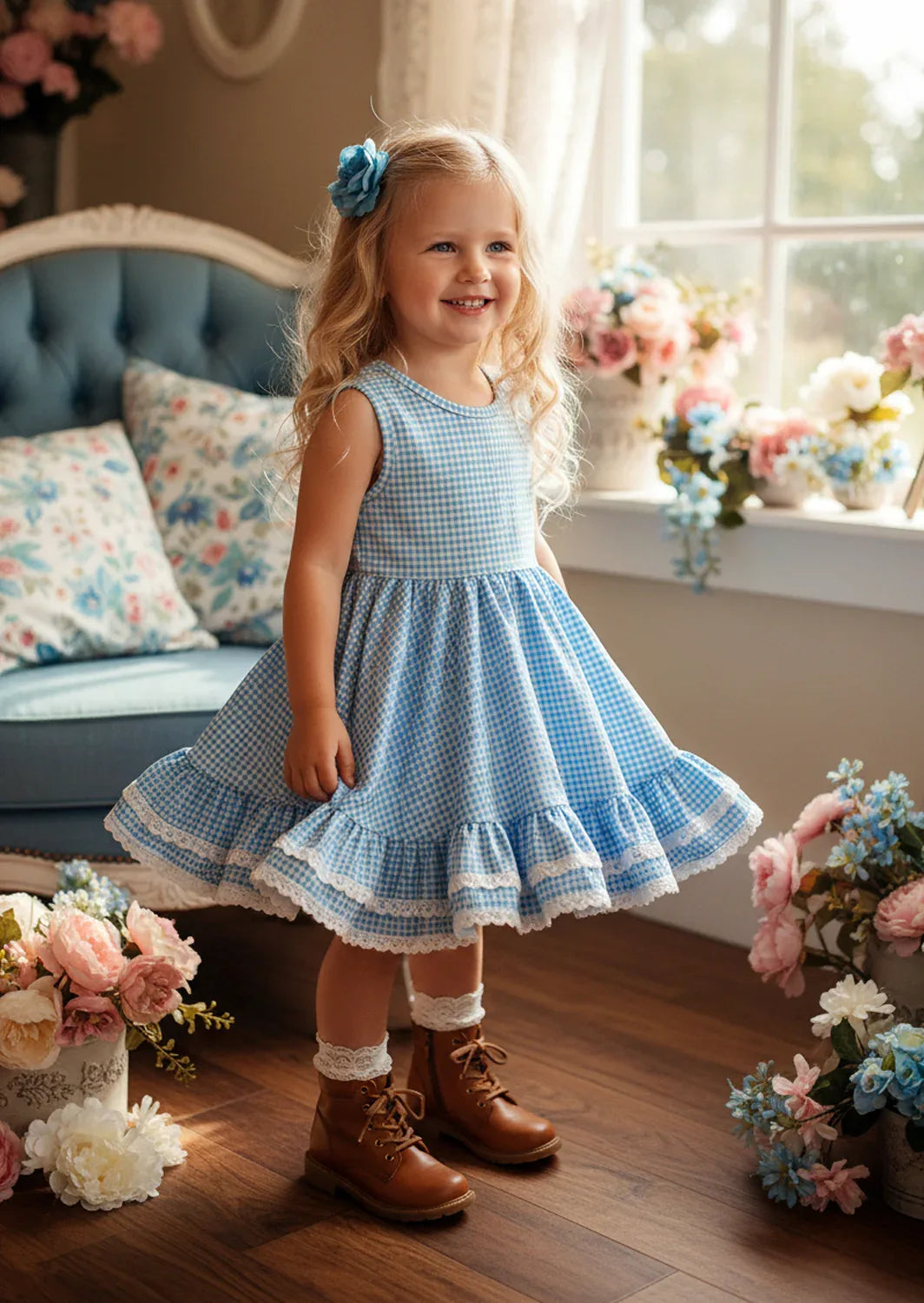 toddler girl twirl dresses in blue check
