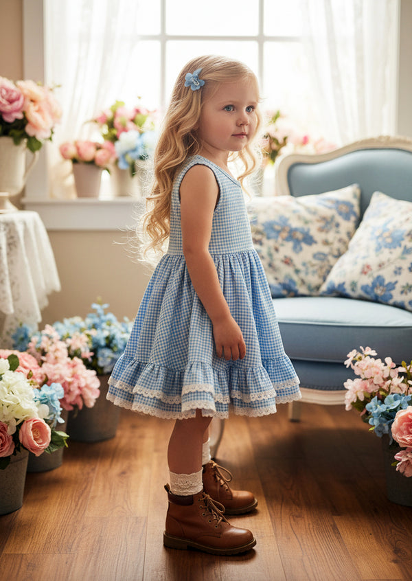 girls twirl dresses in blue