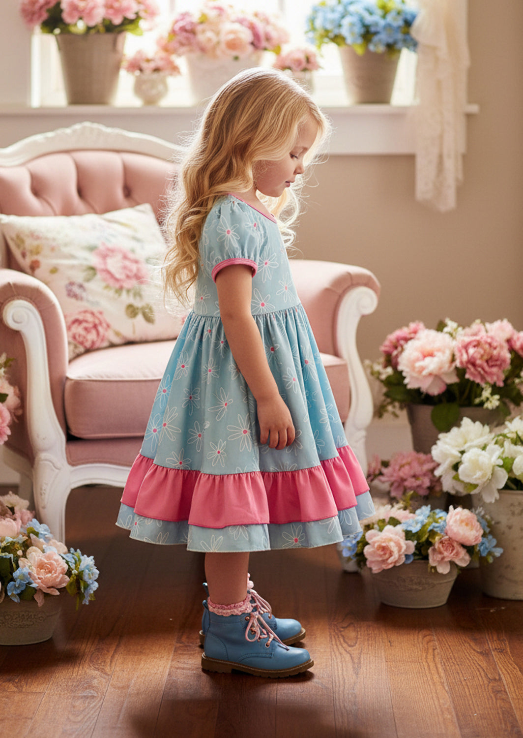 Blue and Pink Daisy Dress