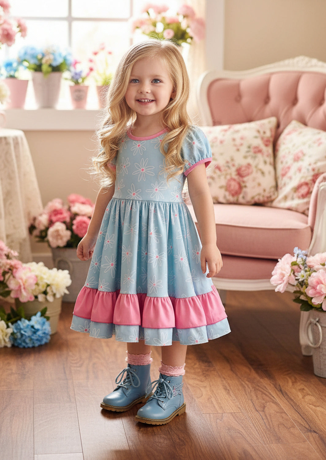 Blue and Pink Daisy Dress