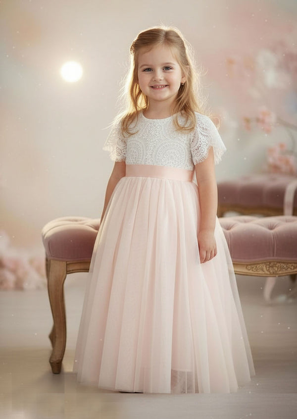 Short Sleeve Blush Tulle Toddler Girl Boho Flower Girl Dresses