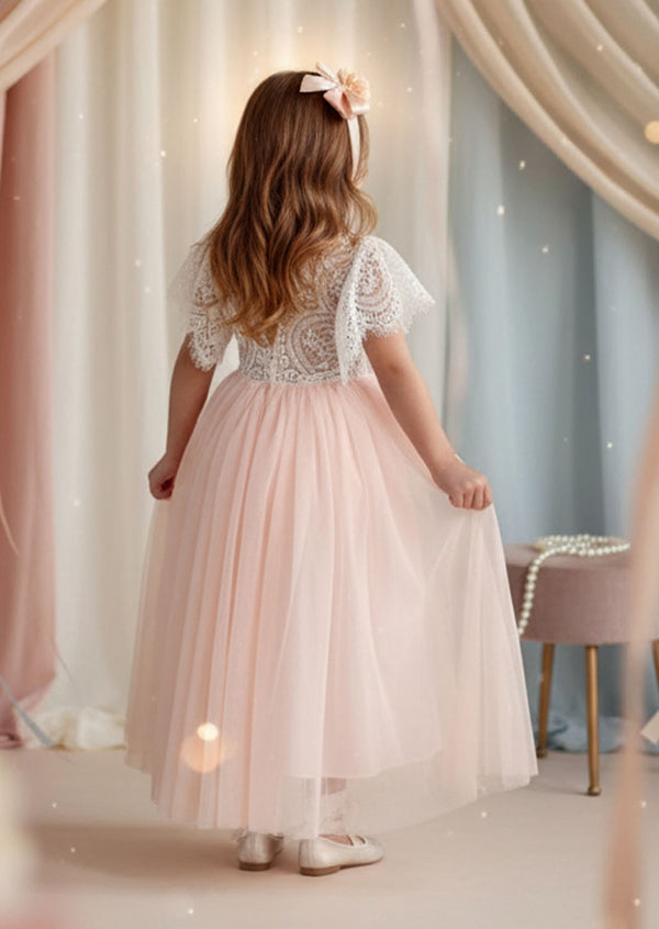 Short Sleeve Blush Tulle Toddler Girl Boho Flower Girl Dresses
