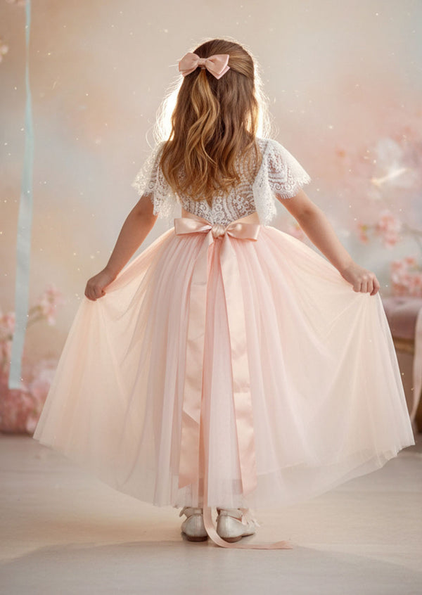Short Sleeve Blush Tulle Toddler Girl Boho Flower Girl Dresses