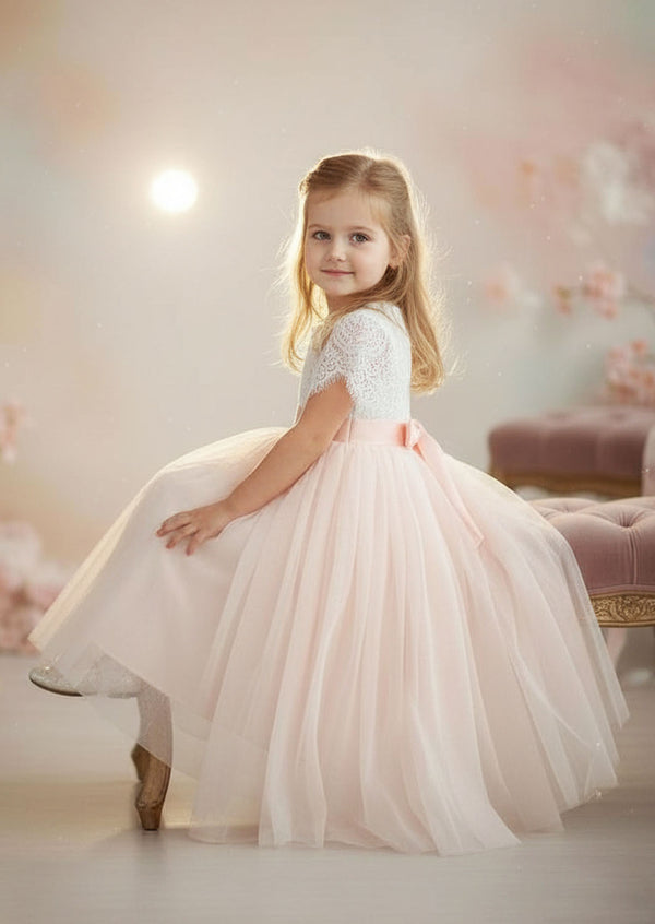 Short Sleeve Blush Tulle Toddler Girl Boho Flower Girl Dresses