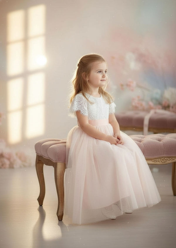 Short Sleeve Blush Tulle Toddler Girl Boho Flower Girl Dresses