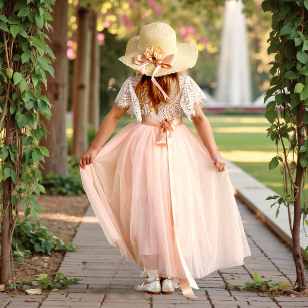 Short Sleeve Tulle Boho Flower Girl Dresses in Blush