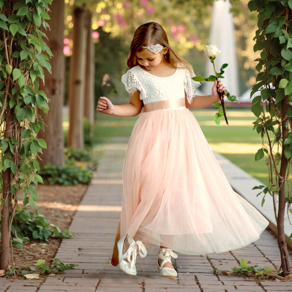 Short Sleeve Tulle Boho Flower Girl Dresses in Blush