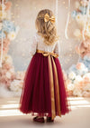 Burgundy Long Sleeve Tulle Flower Girl Dresses with feathered lace v-back in Classic Boho Style