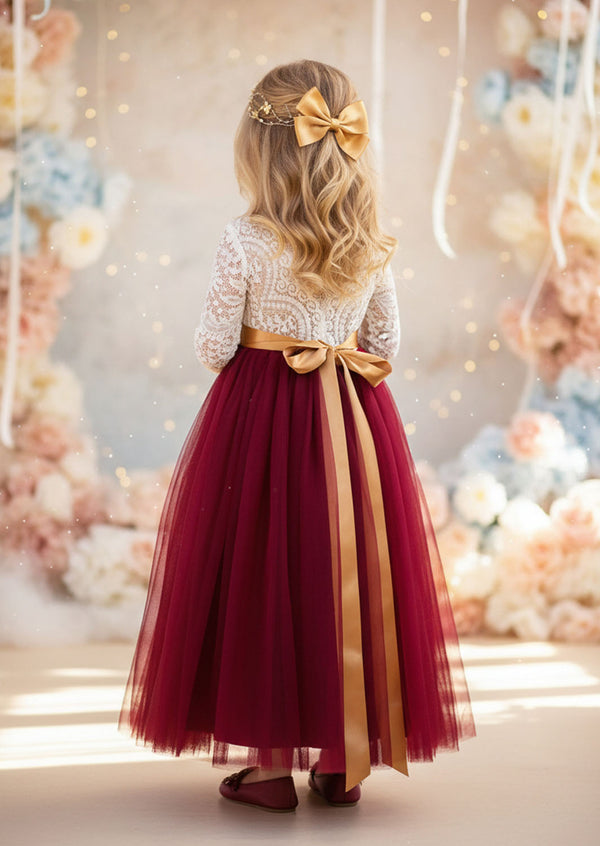 Burgundy Long Sleeve Tulle Flower Girl Dresses with feathered lace v-back in Classic Boho Style