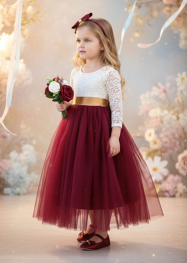 Burgundy Long Sleeve Tulle Open Back Flower Girl Dresses in Classic Boho Style