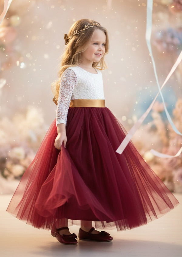 Toddler Burgundy Long Sleeve Tulle Flower Girl Dresses in Classic Boho Style