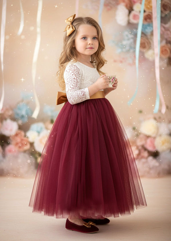 Burgundy Long Sleeve Tulle Flower Girl Dresses in Classic Boho Style