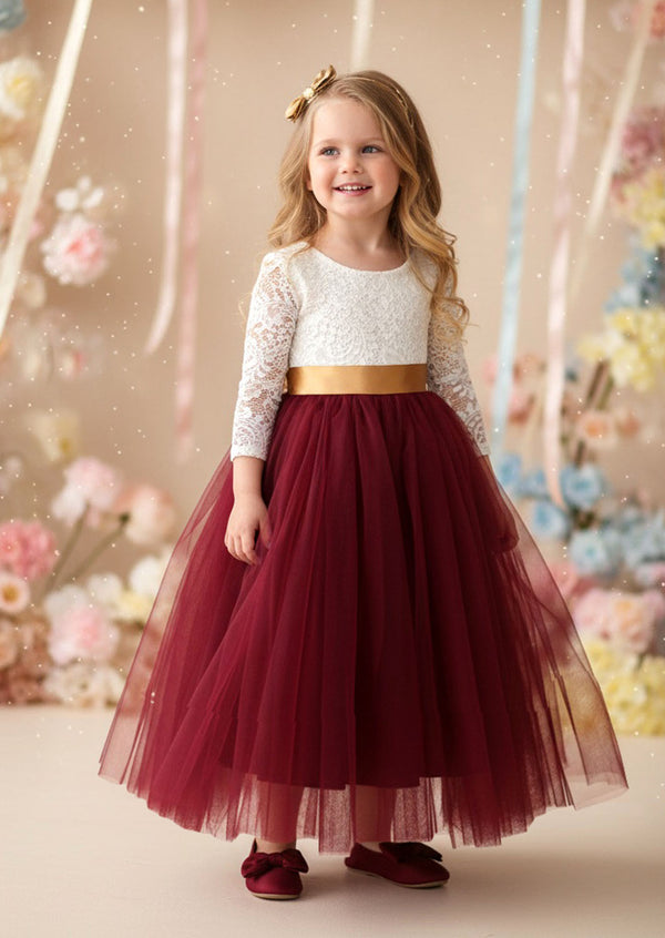 Burgundy Long Sleeve Tulle Flower Girl Dresses in Classic Boho Style