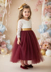 toddler girls tulle and lave V-Back flower girl dress in burgundy